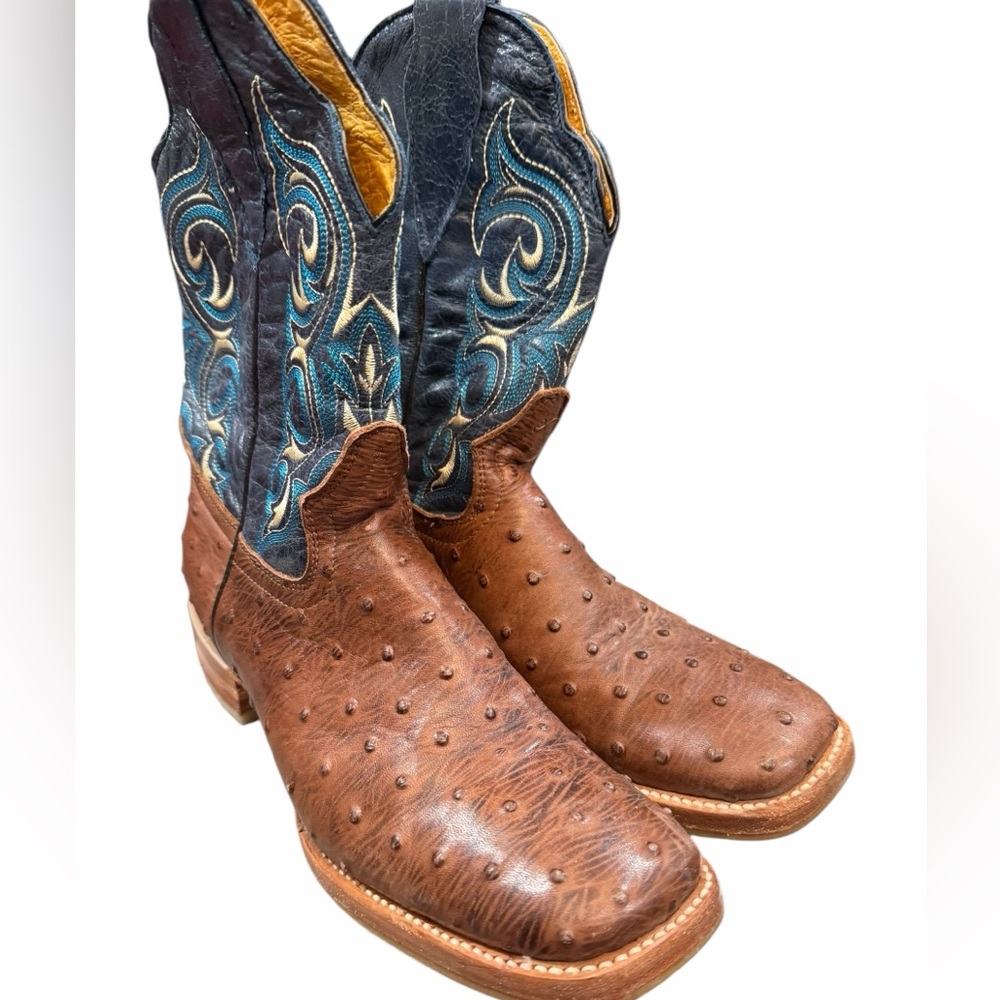 Brown and Blue Western Ostrich Cowboy Boots